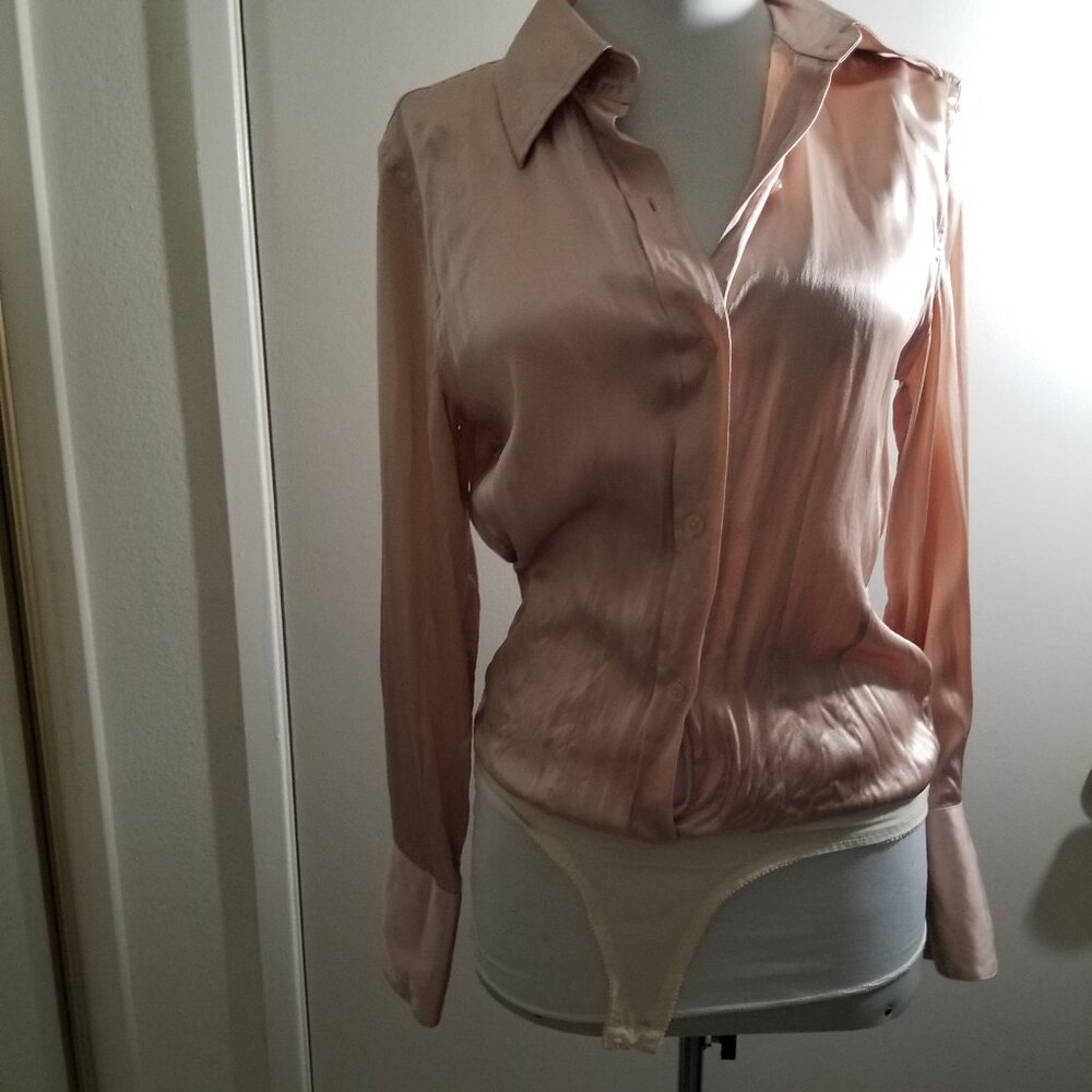 Moda International brand button down shirt bodysuit in pink, 93% silk, size S